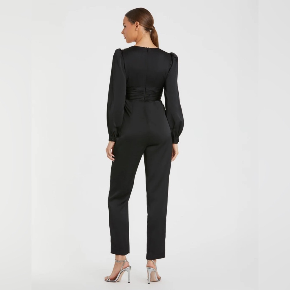 ✔️ Mac Duggal - Black Front Twist Puff Sleeve Deep V Neck Jumpsuit - Picture 3 of 6